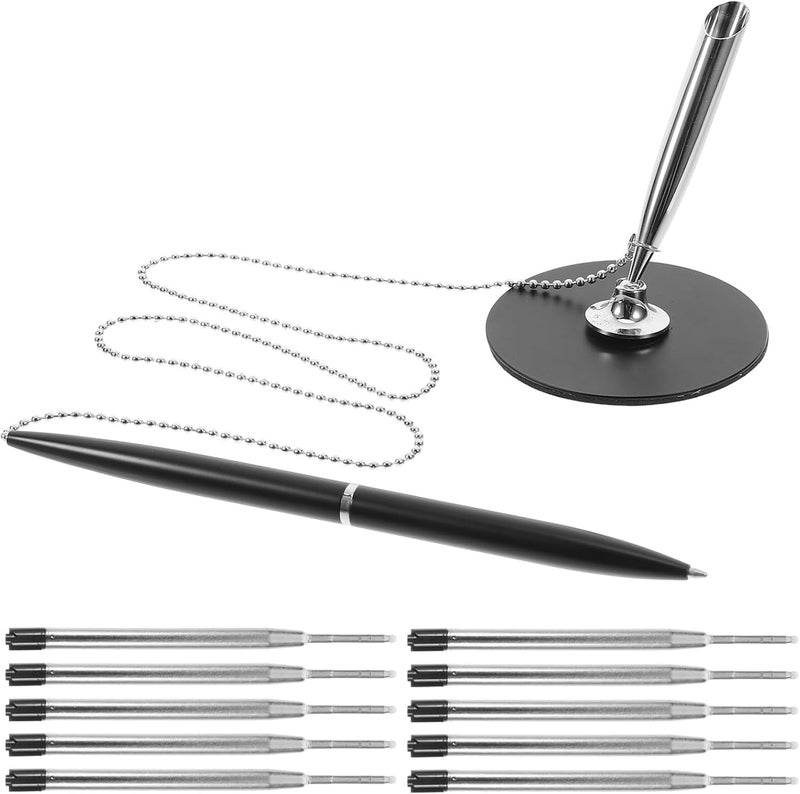 DIYEAH Rotate Signature Pen with Chain and Adhesive Base - Metal Desktop Writing Pen for Office Bank Counter and Business Use 8.18 Inches - Image 1